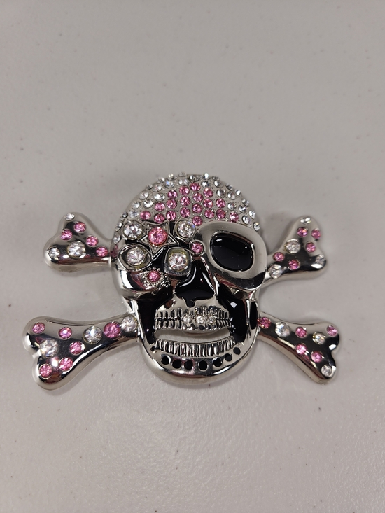 Accessories - Rhinestone Skull & Crossbones Silver with Pink and Clear Gems Belt Buckle